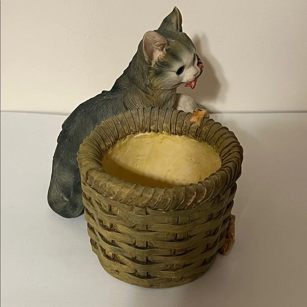 Charming Cat and Basket Figurine - Brown and Tan. Can be used as a Planter.